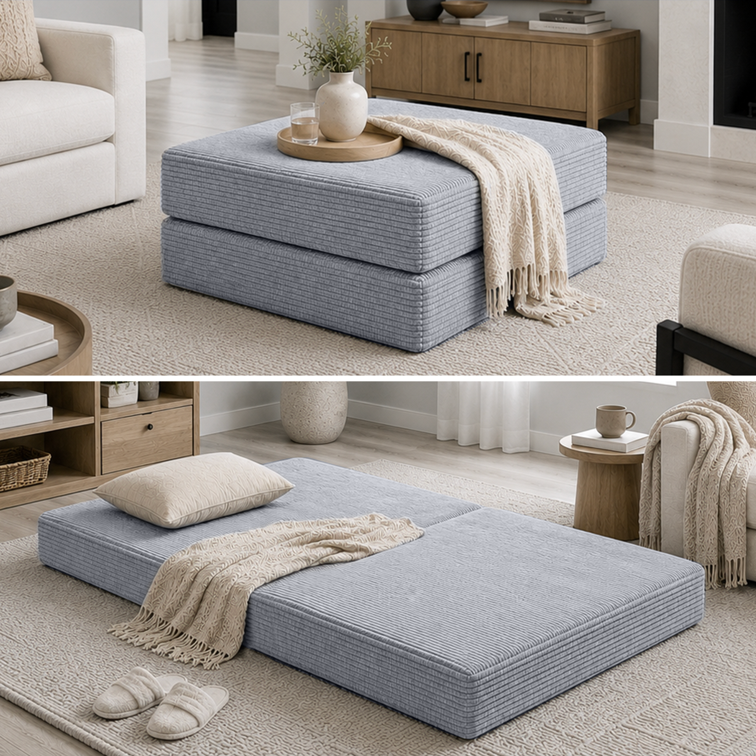 Split photo of gray ottoman in ottoman form and then bed form.