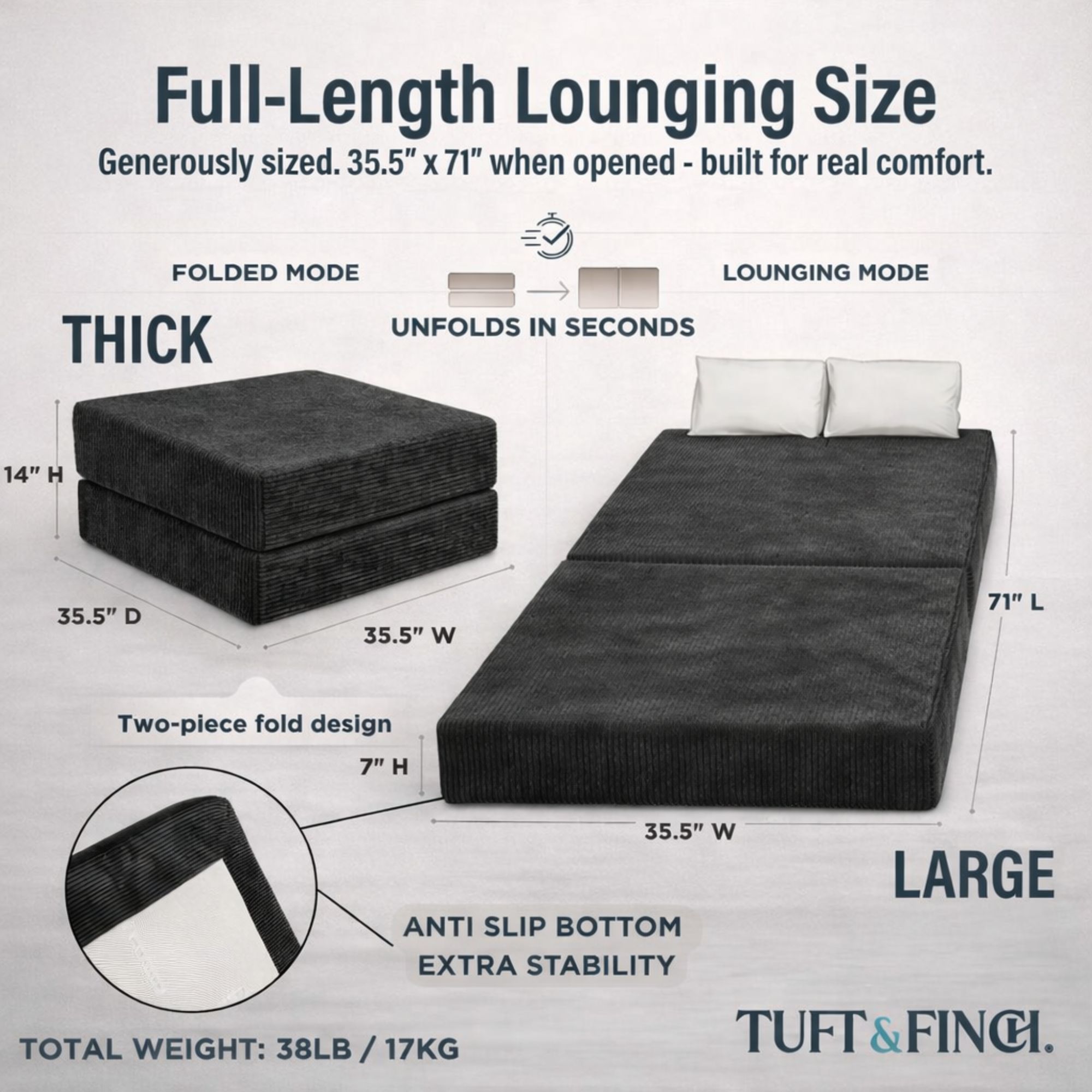 Image showing dimensions of ottoman in ottoman and in bed position.