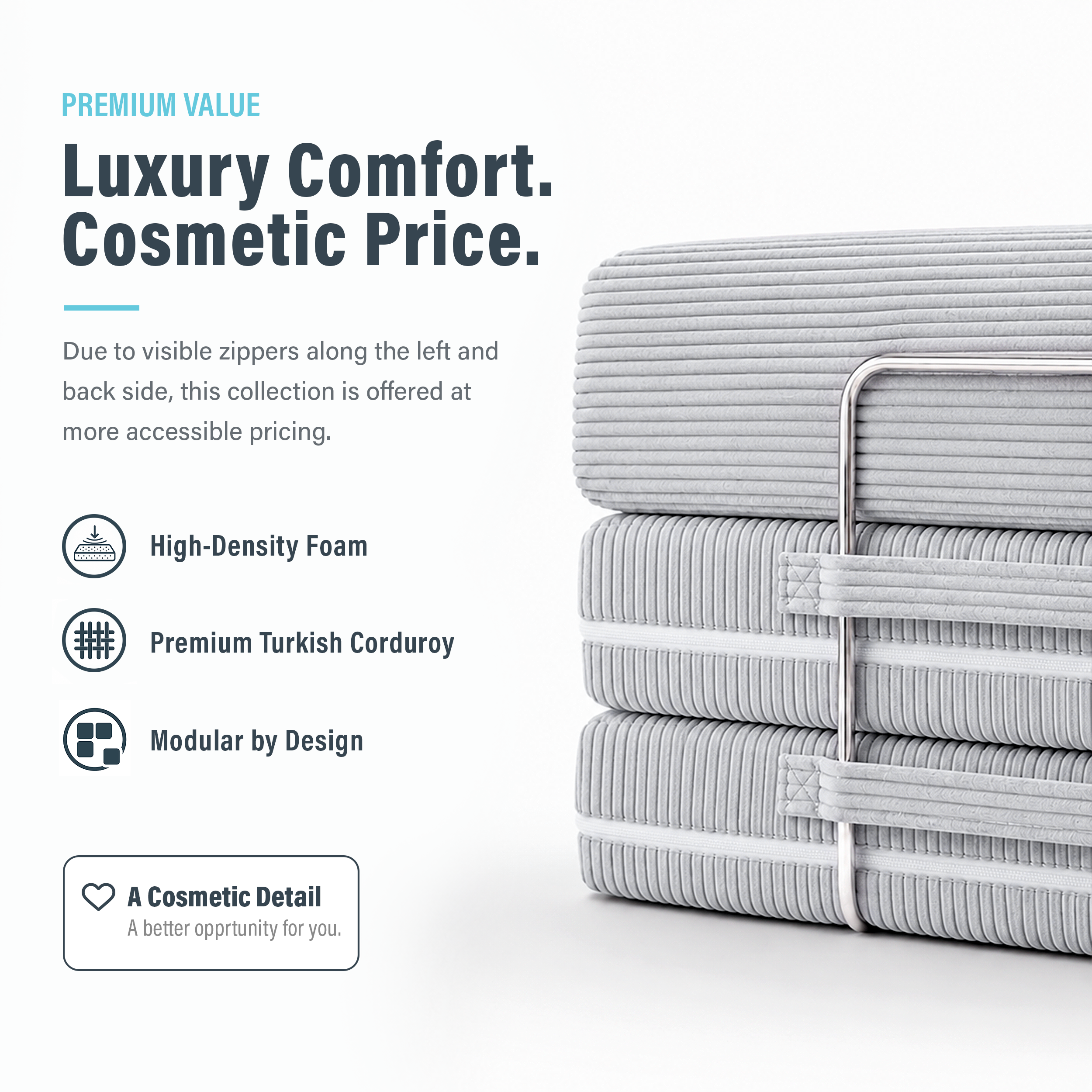 Image of gray boneless couch that says "Luxury Comfort. Cosmetic Price."