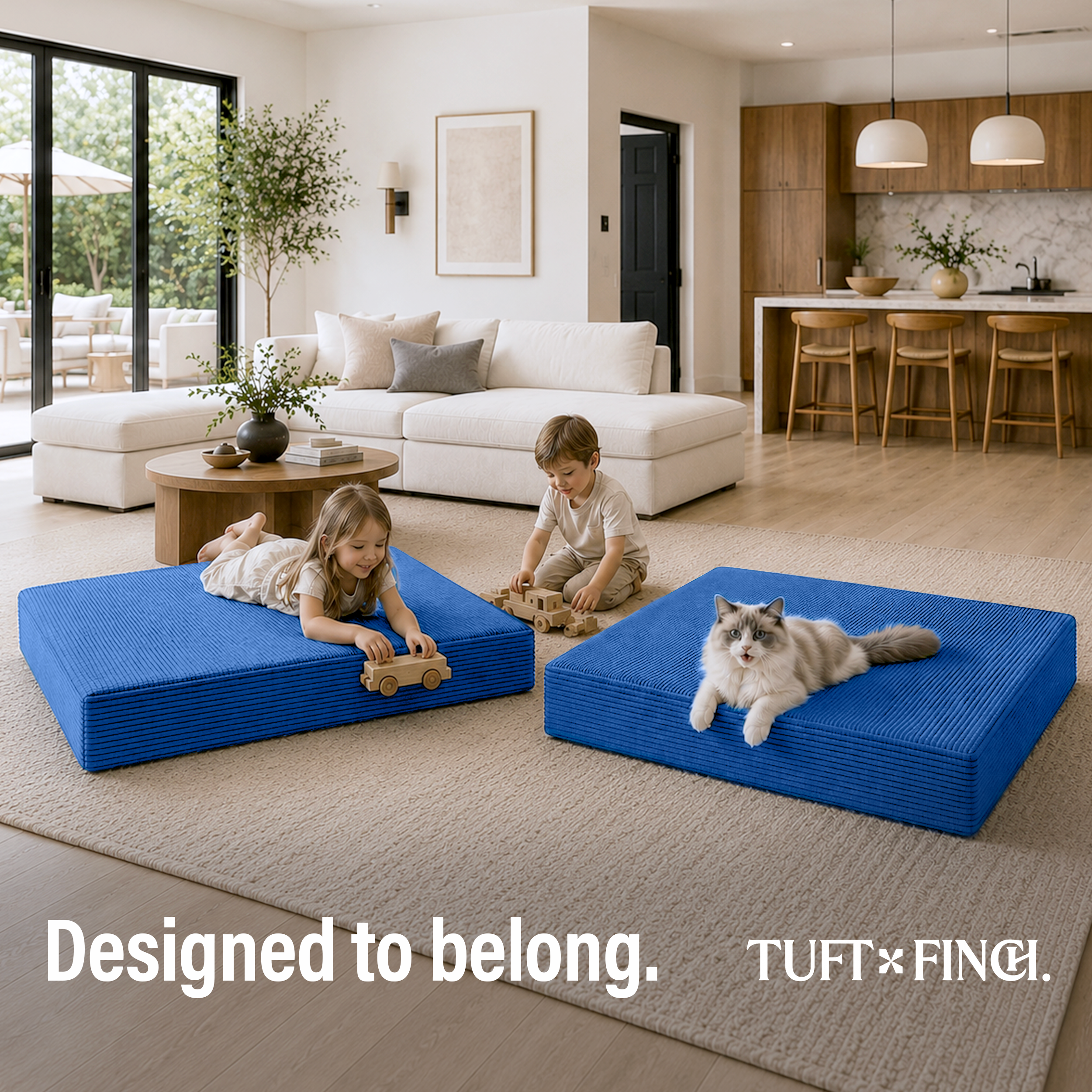 2 kids and a cat playing on squares of boneless modular blue ottoman.