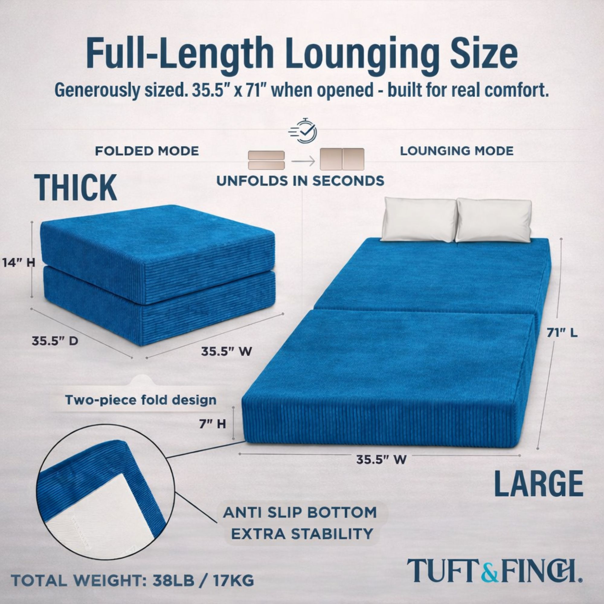 Image showing dimensions of ottoman in ottoman and in bed position.
