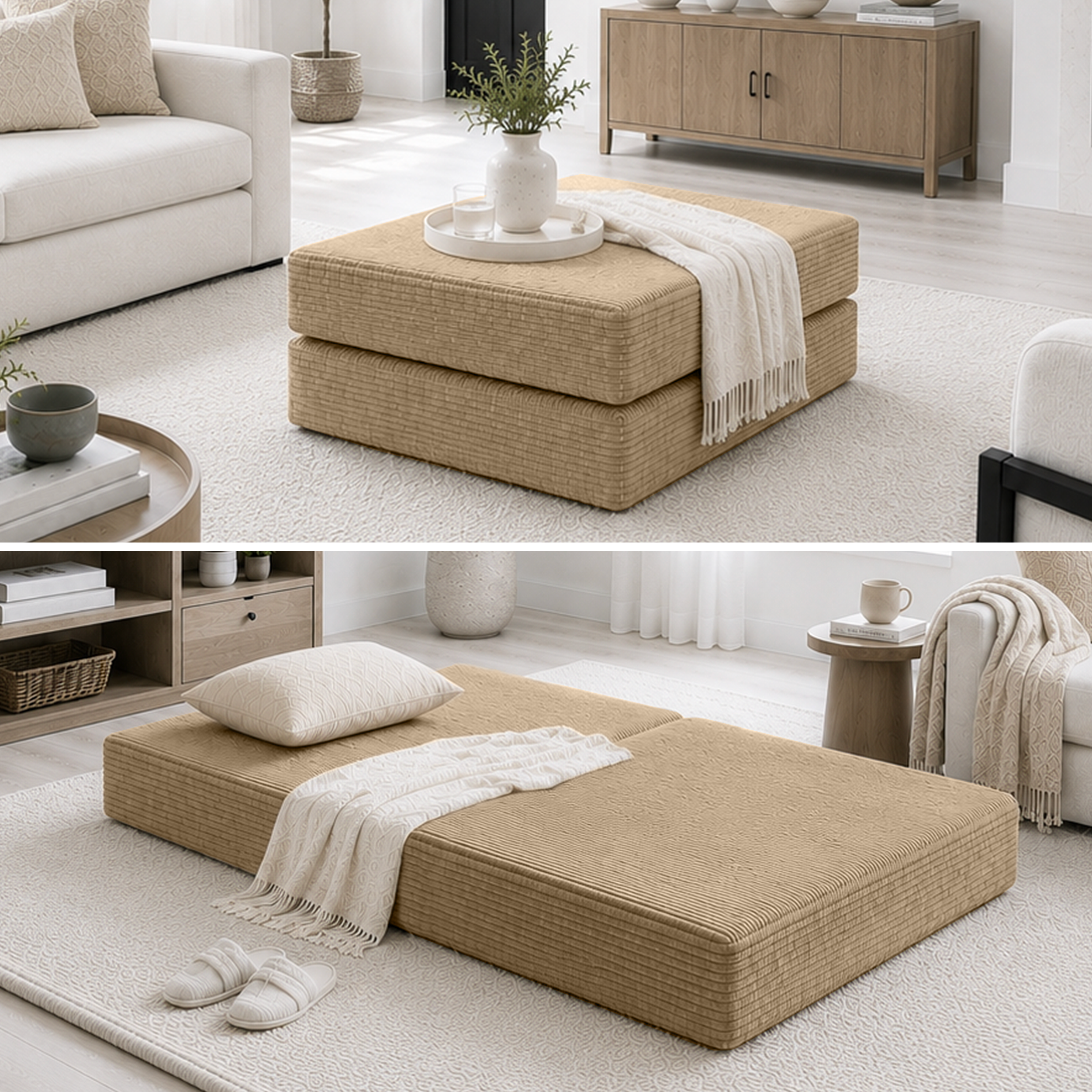 Split photo of cream ottoman in ottoman form and then bed form.