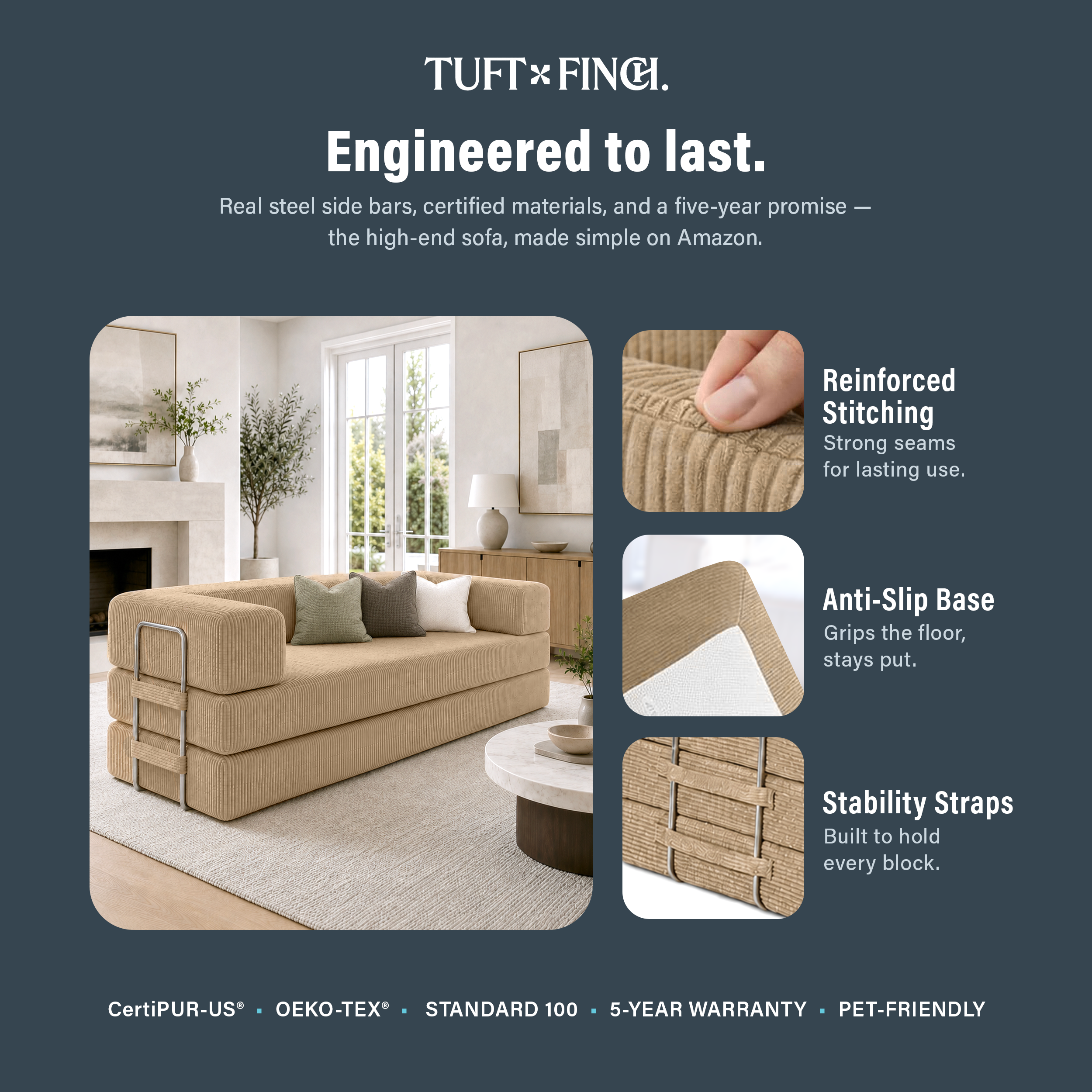 Image shows that boneless couch is engineered to last.