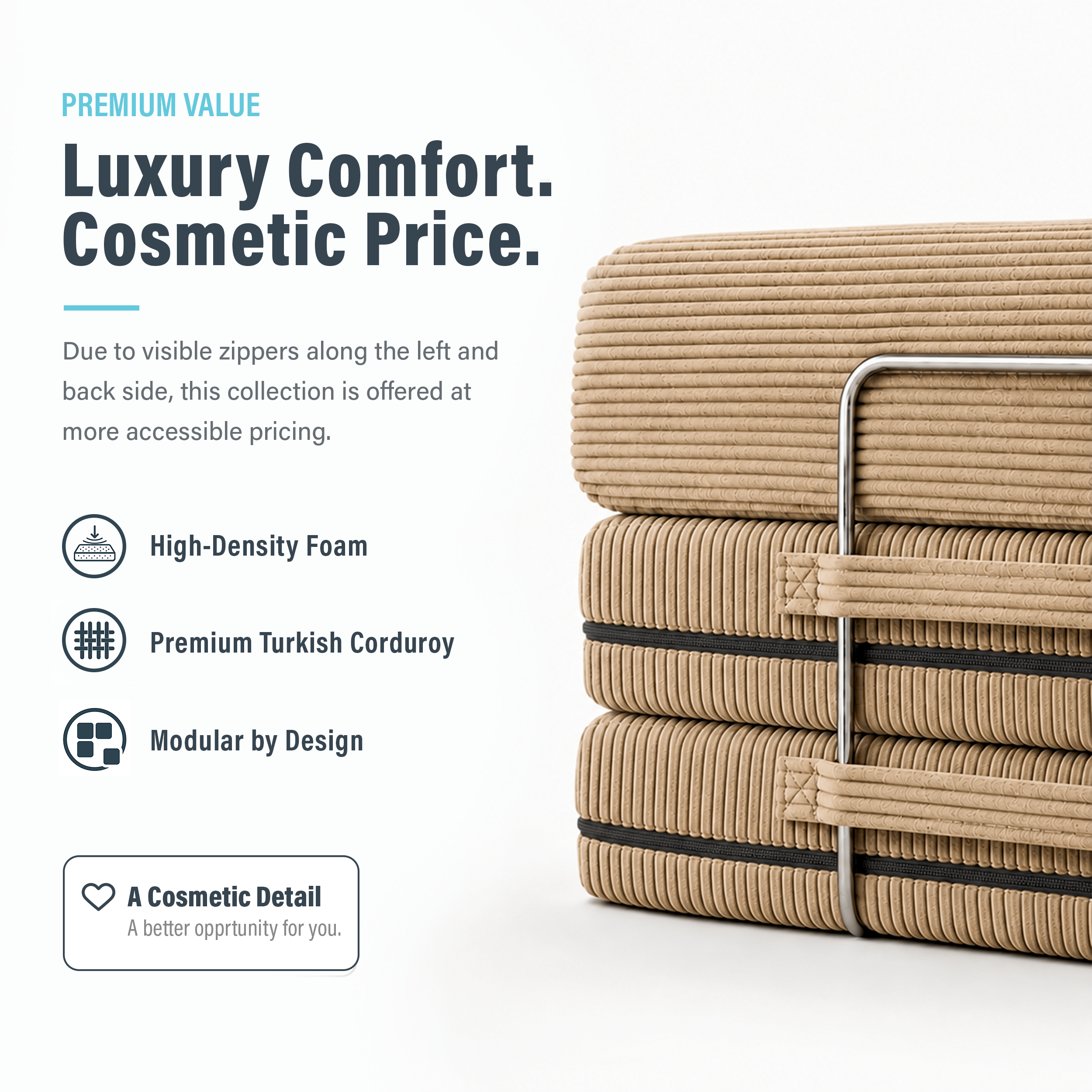 Image of latte brown boneless couch that says "Luxury Comfort. Cosmetic Price."
