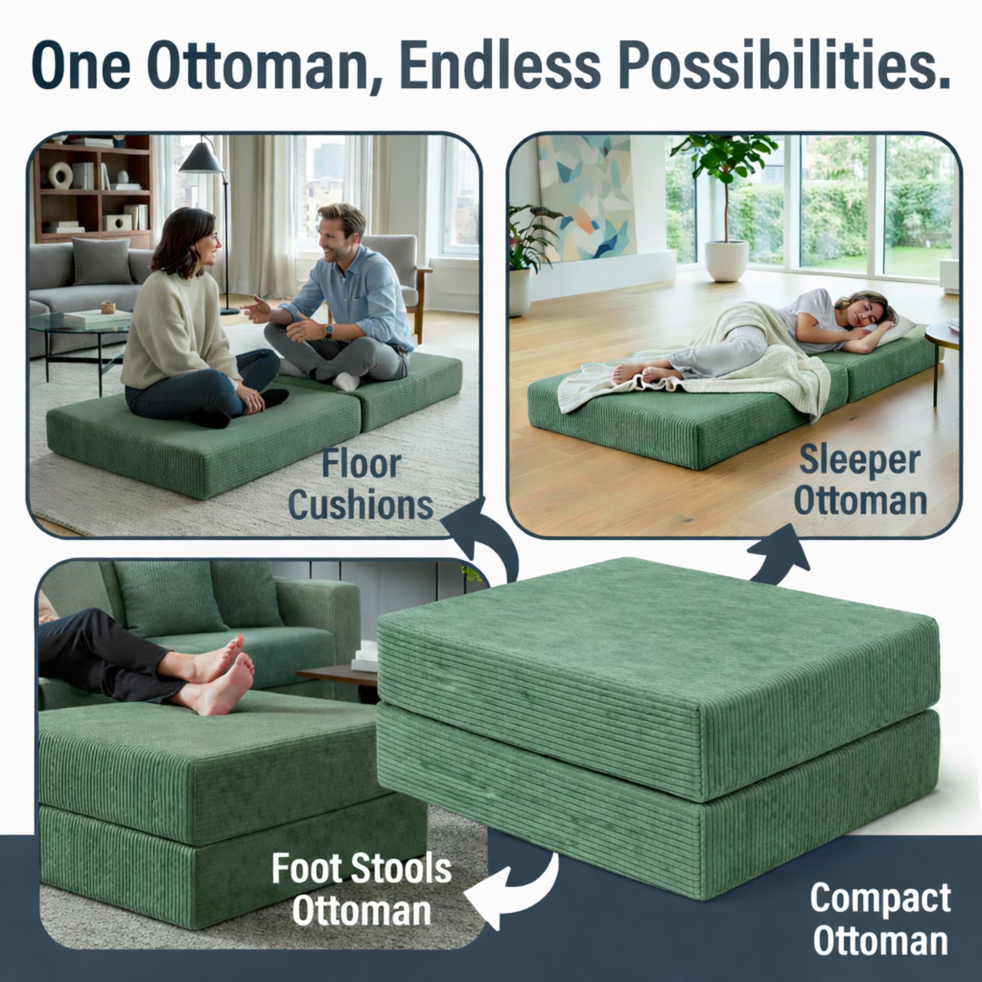 Image showing the ottoman in floor cushion, sleeper ottoman, and foot stool mode.