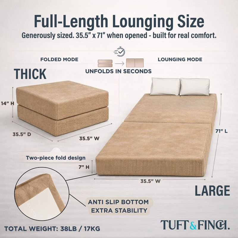 Image showing dimensions of ottoman in ottoman and in bed position.