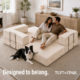 Cream boneless couch with couple and dog resting on it.