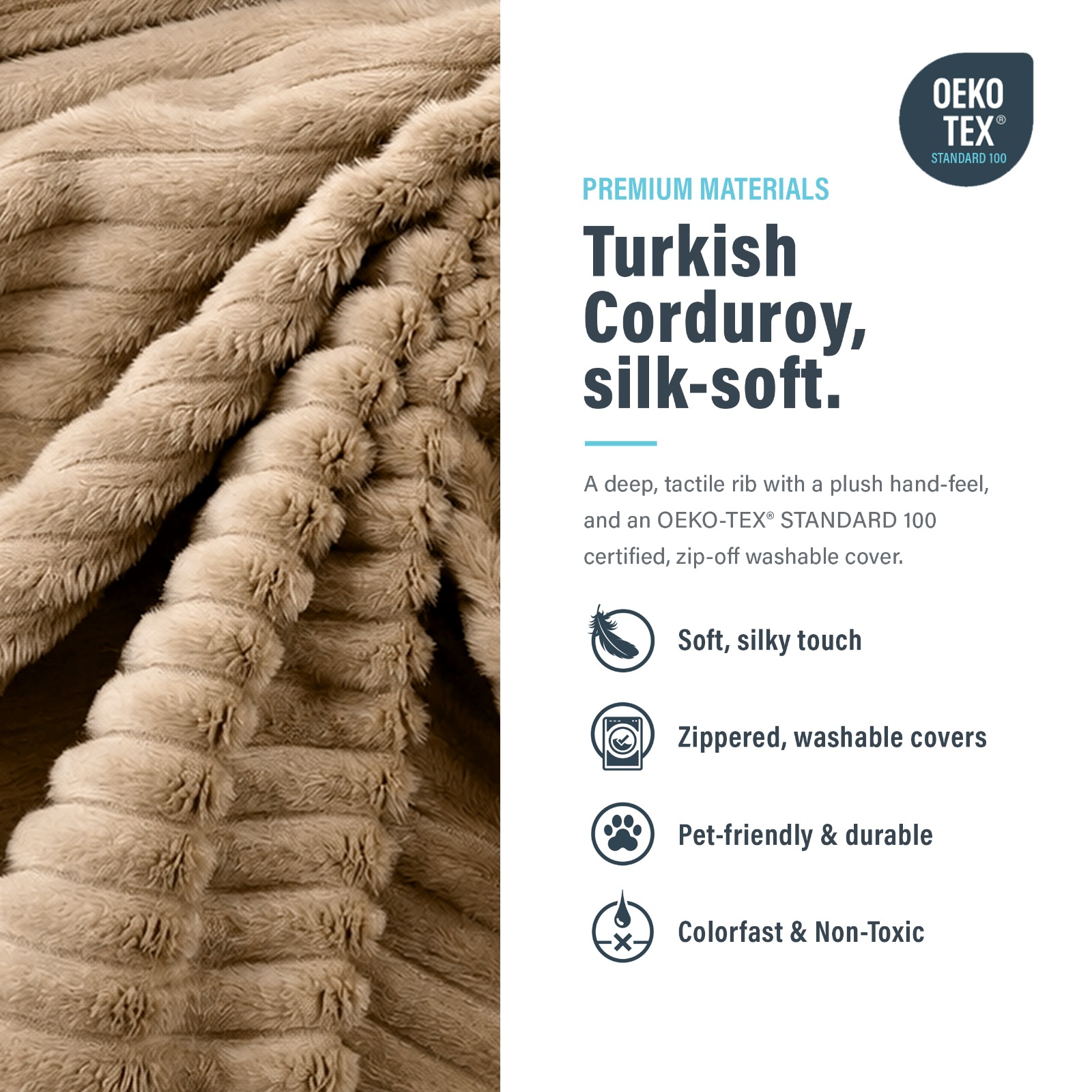 Image showing that modular bonesless couch cover is turkish corduroy, silk-soft.