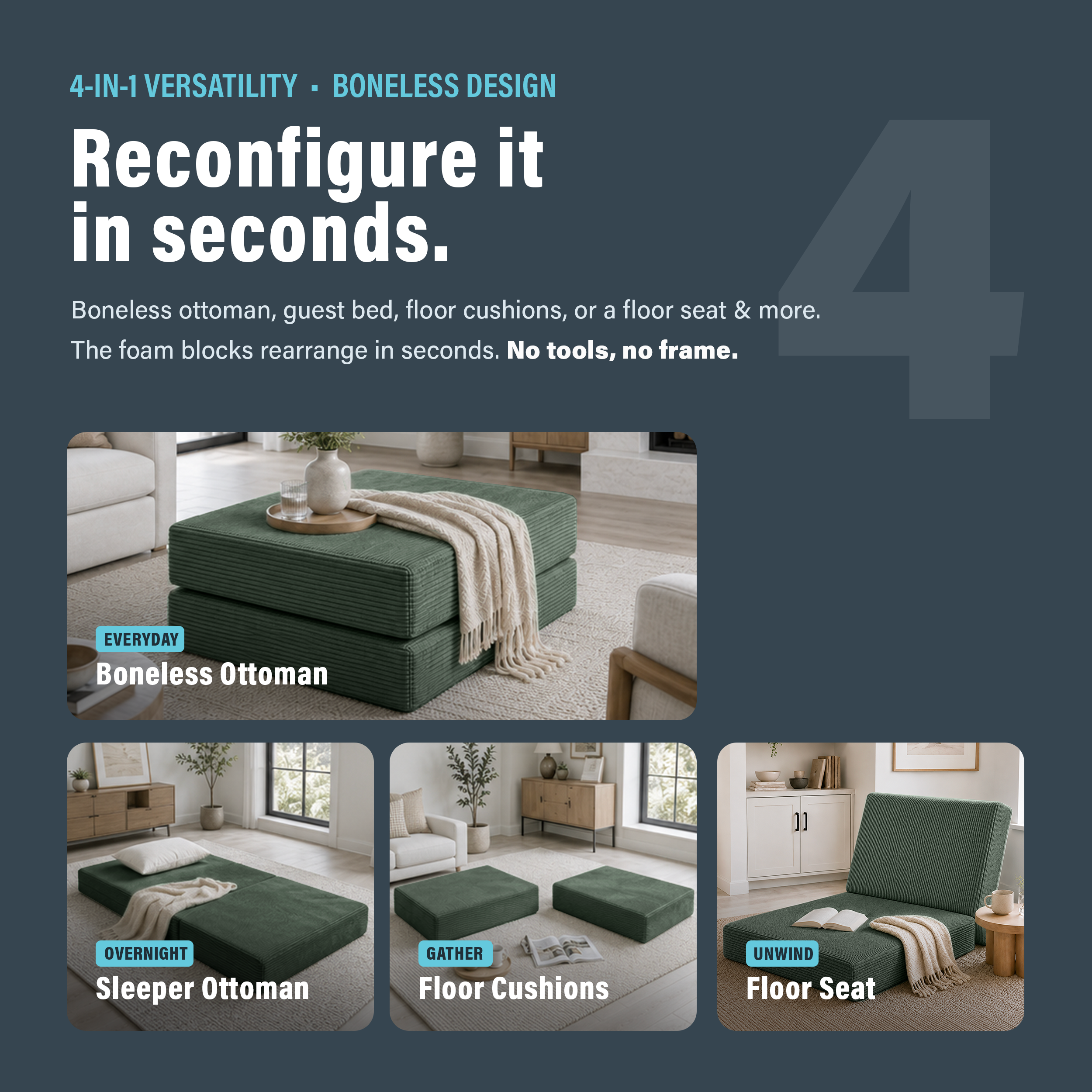 Photo showing that modular ottoman can be reconfigured in seconds with different configurations.