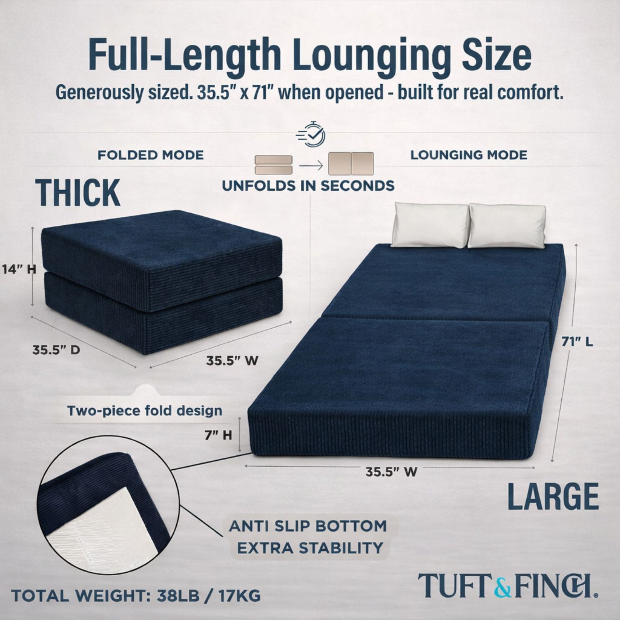 Image showing dimensions of ottoman in ottoman and in bed position.
