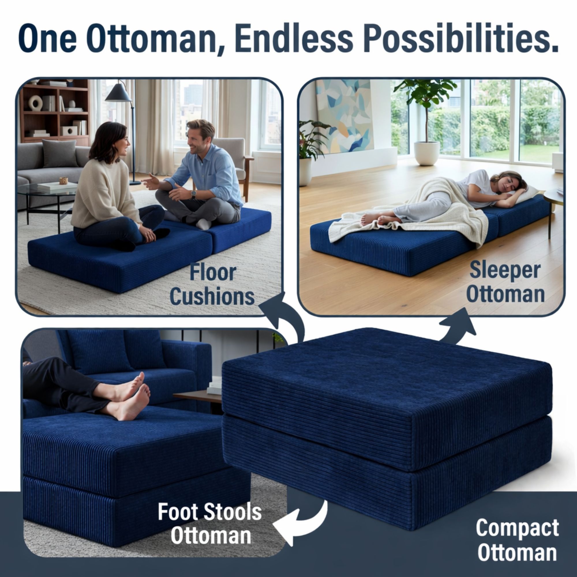 Image showing the ottoman in floor cushion, sleeper ottoman, and foot stool mode.