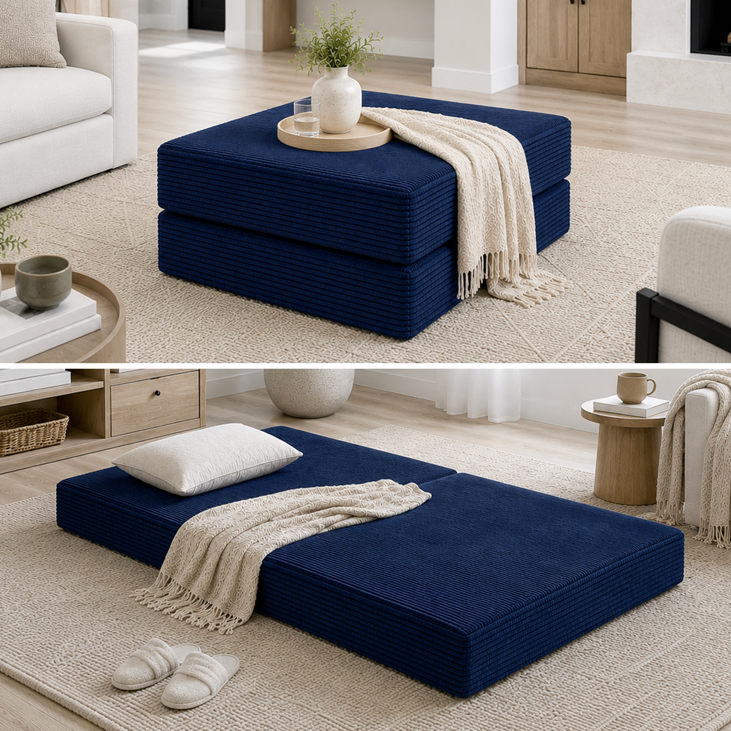 Split photo of black boneless modular ottoman in ottoman form and then bed form.
