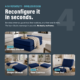 Photo showing that boneless navy ottoman can be reconfigured in seconds with different configurations.