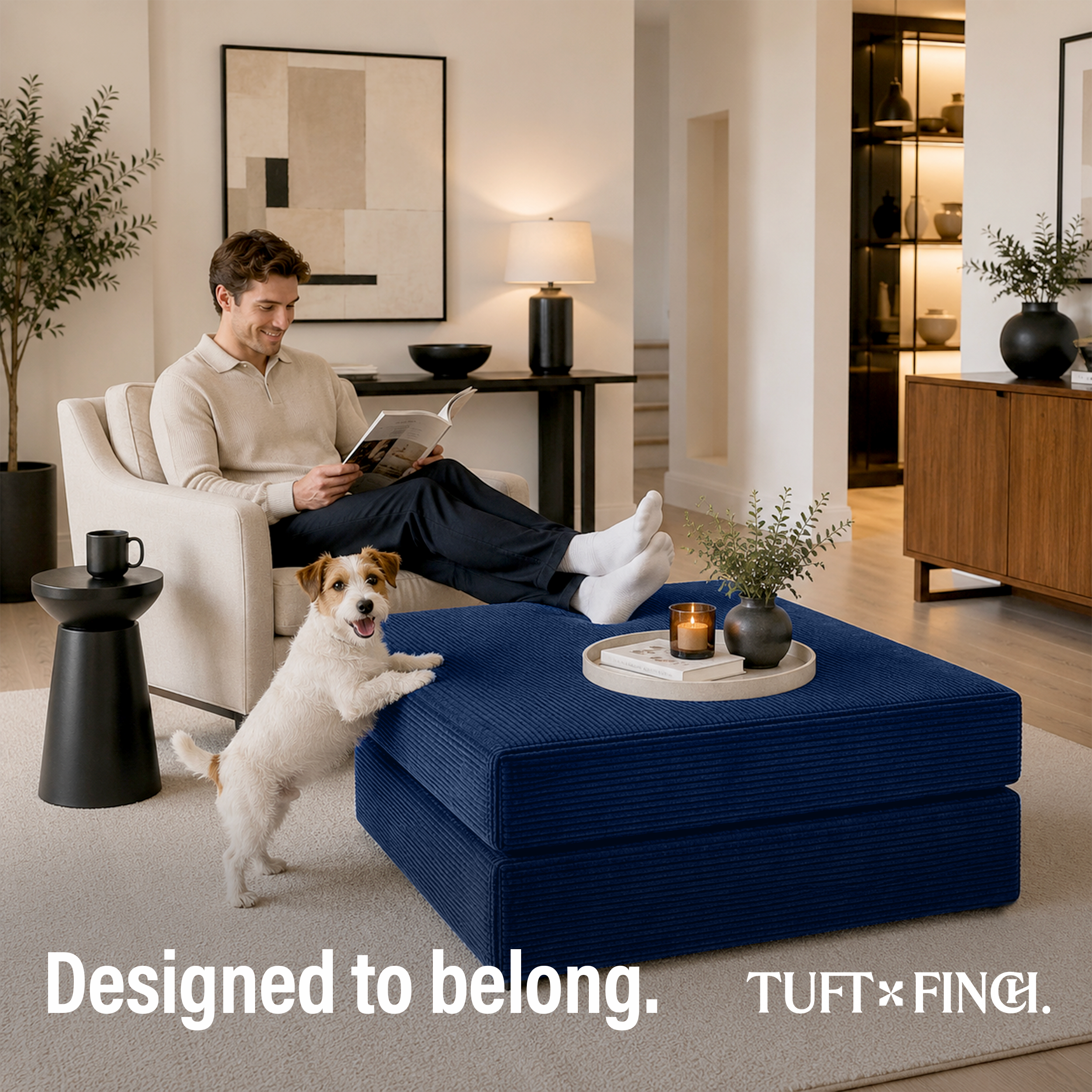 Man in white chair with feet up resting on navy blue foam ottoman with dog on back legs resting fronting legs on ottoman.