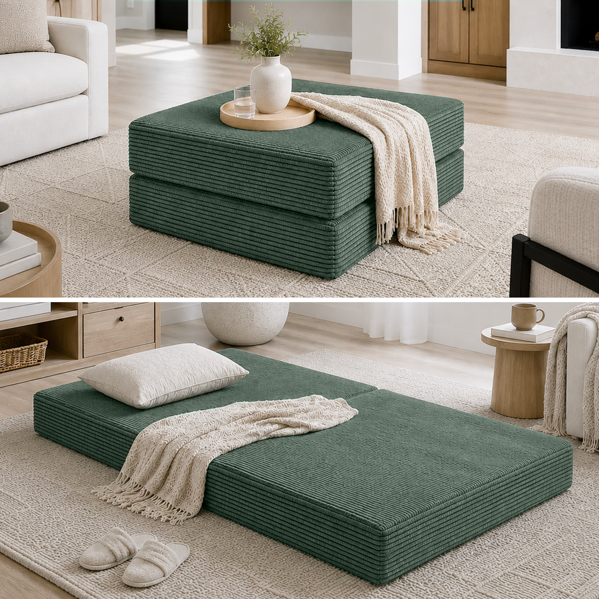Split photo of green modular ottoman in ottoman form and then bed form.