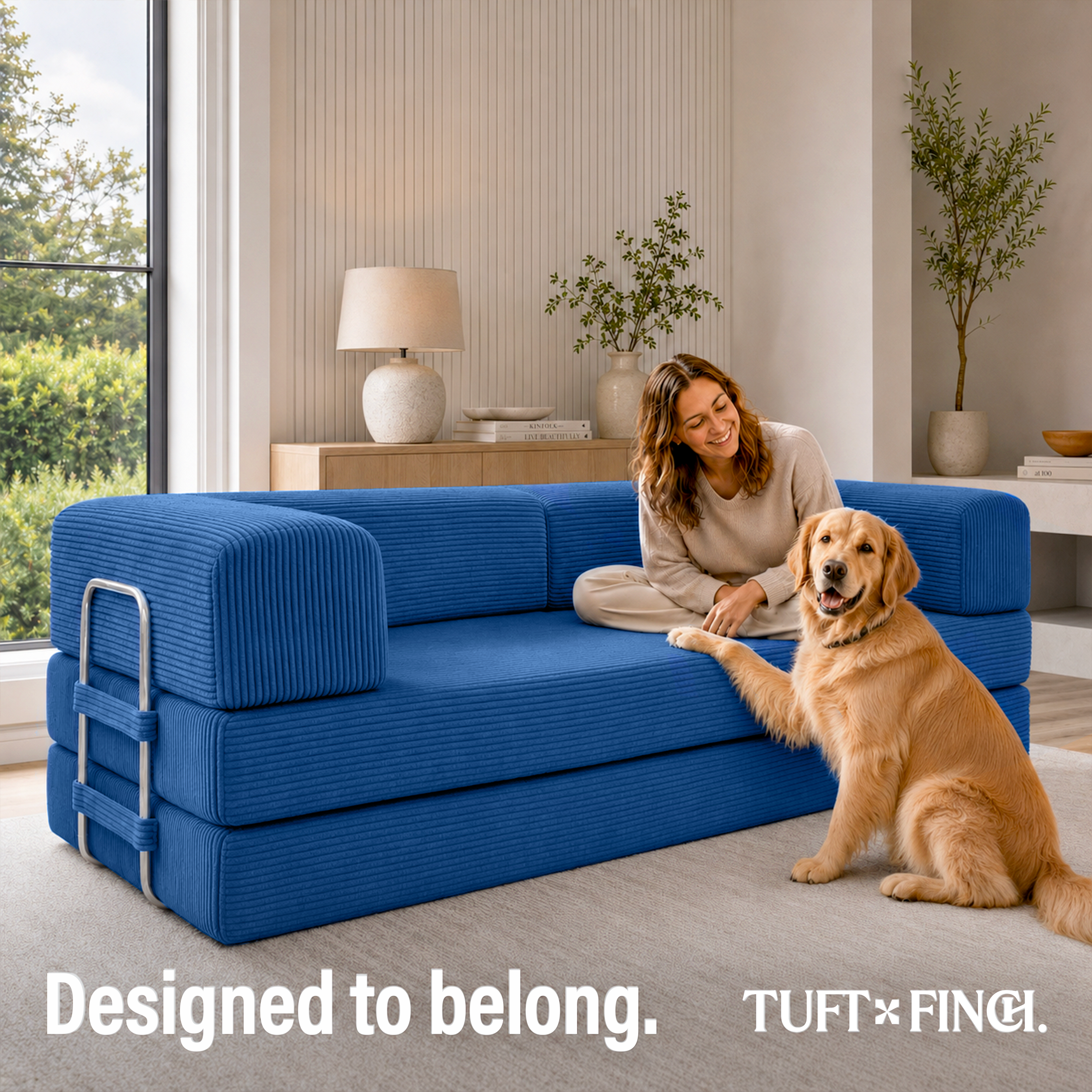Blue boneless couch with woman sitting on it with dog.