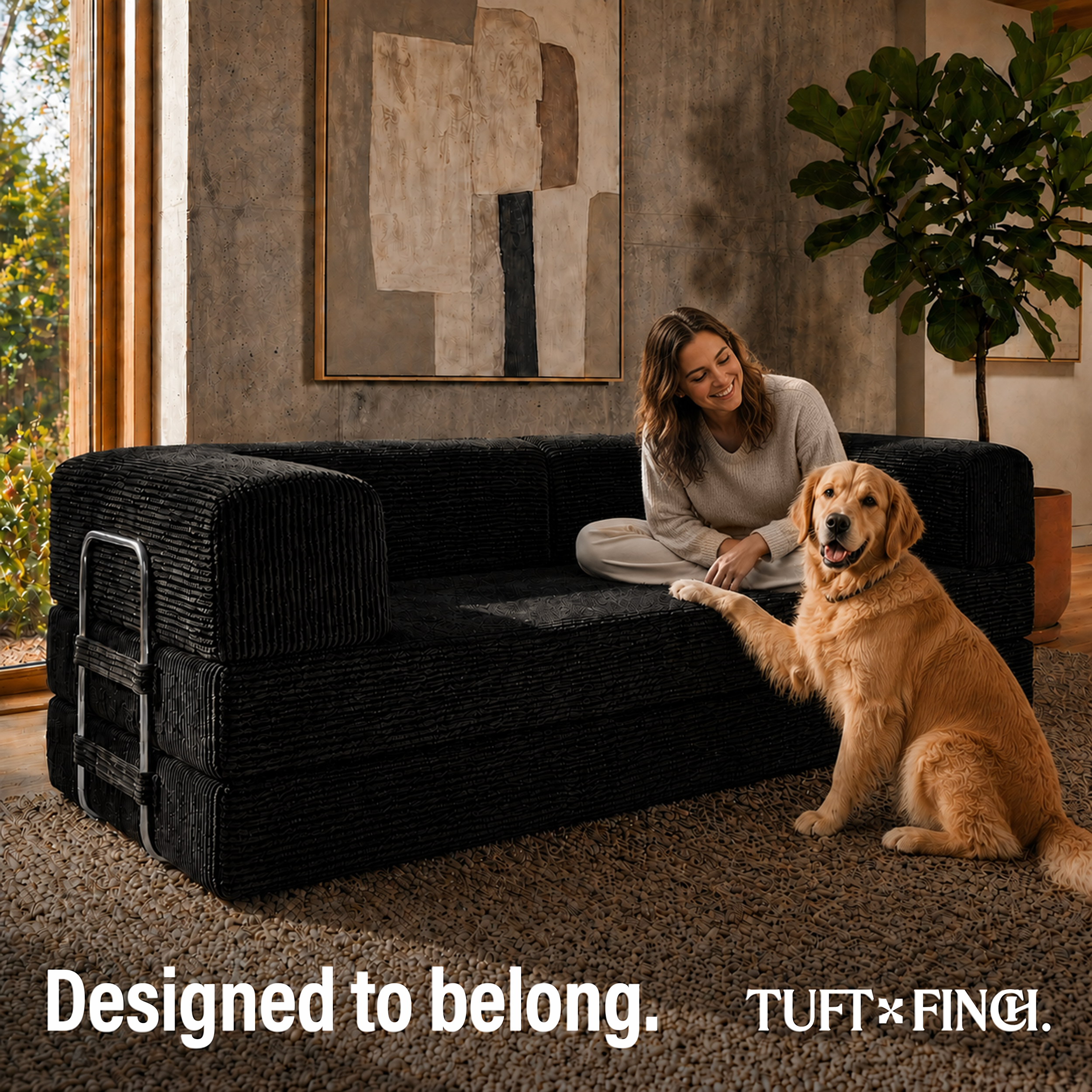 Black boneless couch with woman sitting on it with dog.