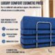 Graphic showing that there is luxury comfort with cosmetic pricing with blue modular couch in background.