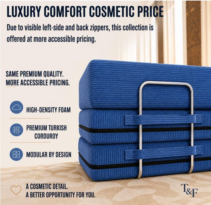 Graphic showing that there is luxury comfort with cosmetic pricing with blue modular couch in background.
