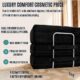 Graphic showing that there is luxury comfort with cosmetic pricing with black modular couch in background.