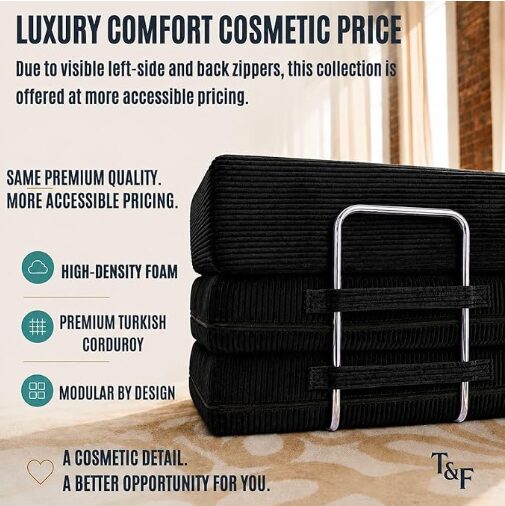 Graphic showing that there is luxury comfort with cosmetic pricing with black modular couch in background.