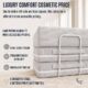 Graphic showing that there is luxury comfort with cosmetic pricing with light grey modular couch in background.