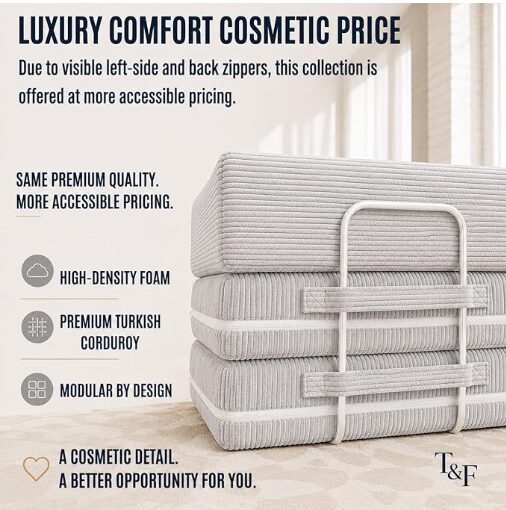 Graphic showing that there is luxury comfort with cosmetic pricing with light grey modular couch in background.
