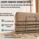 Graphic showing that there is luxury comfort with cosmetic pricing with latte brown modular couch in background.