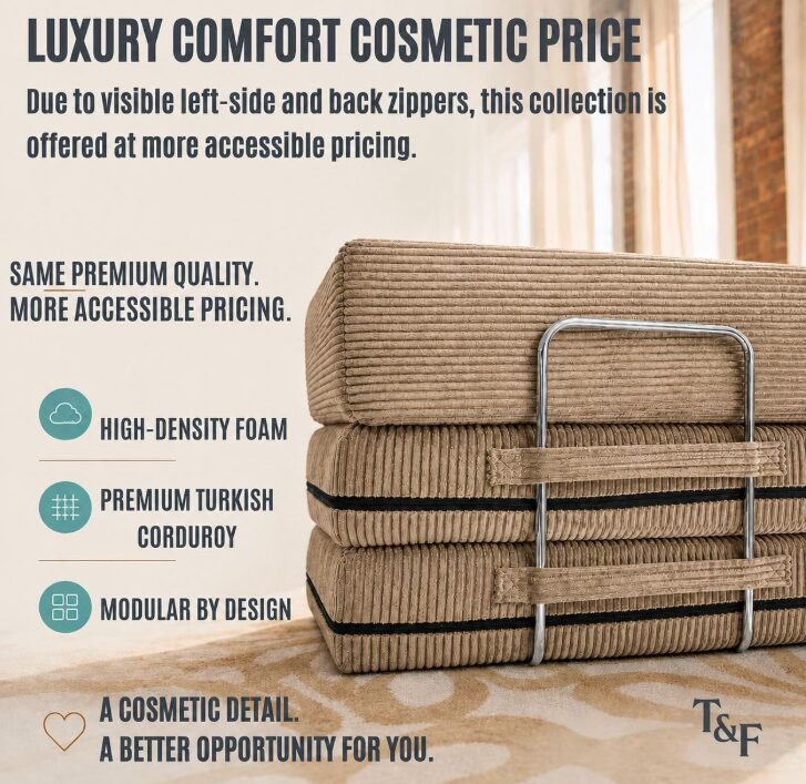 Graphic showing that there is luxury comfort with cosmetic pricing with latte brown modular couch in background.