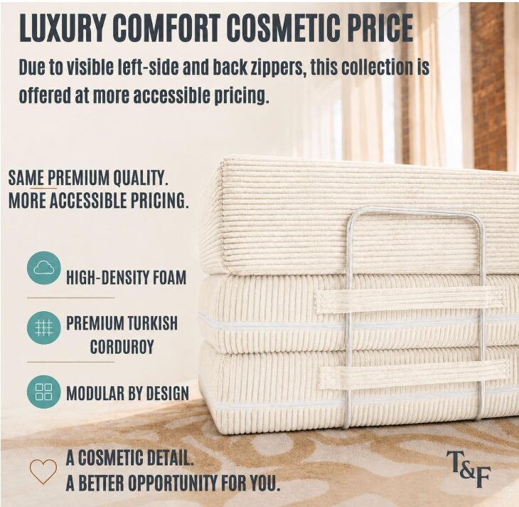Graphic showing that there is luxury comfort with cosmetic pricing with cream modular couch in background.