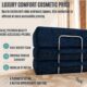 Graphic showing that there is luxury comfort with cosmetic pricing with cream modular couch in background.