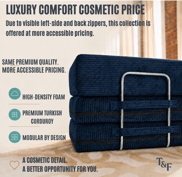 Graphic showing that there is luxury comfort with cosmetic pricing with cream modular couch in background.