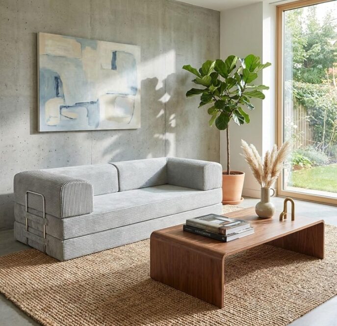 Light grey 3-seater modular couch in living room.