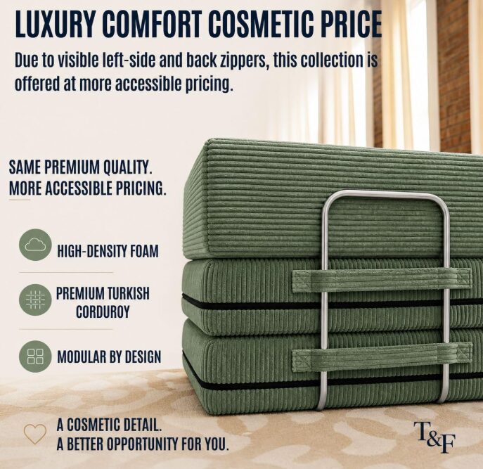 Graphic showing that there is luxury comfort with cosmetic pricing with green modular couch in background.