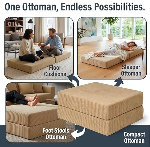 Image showing the ottoman in floor cushion, sleeper ottoman, and foot stool mode.