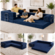 Split image of navy blue boneless couch in 3 different forms.