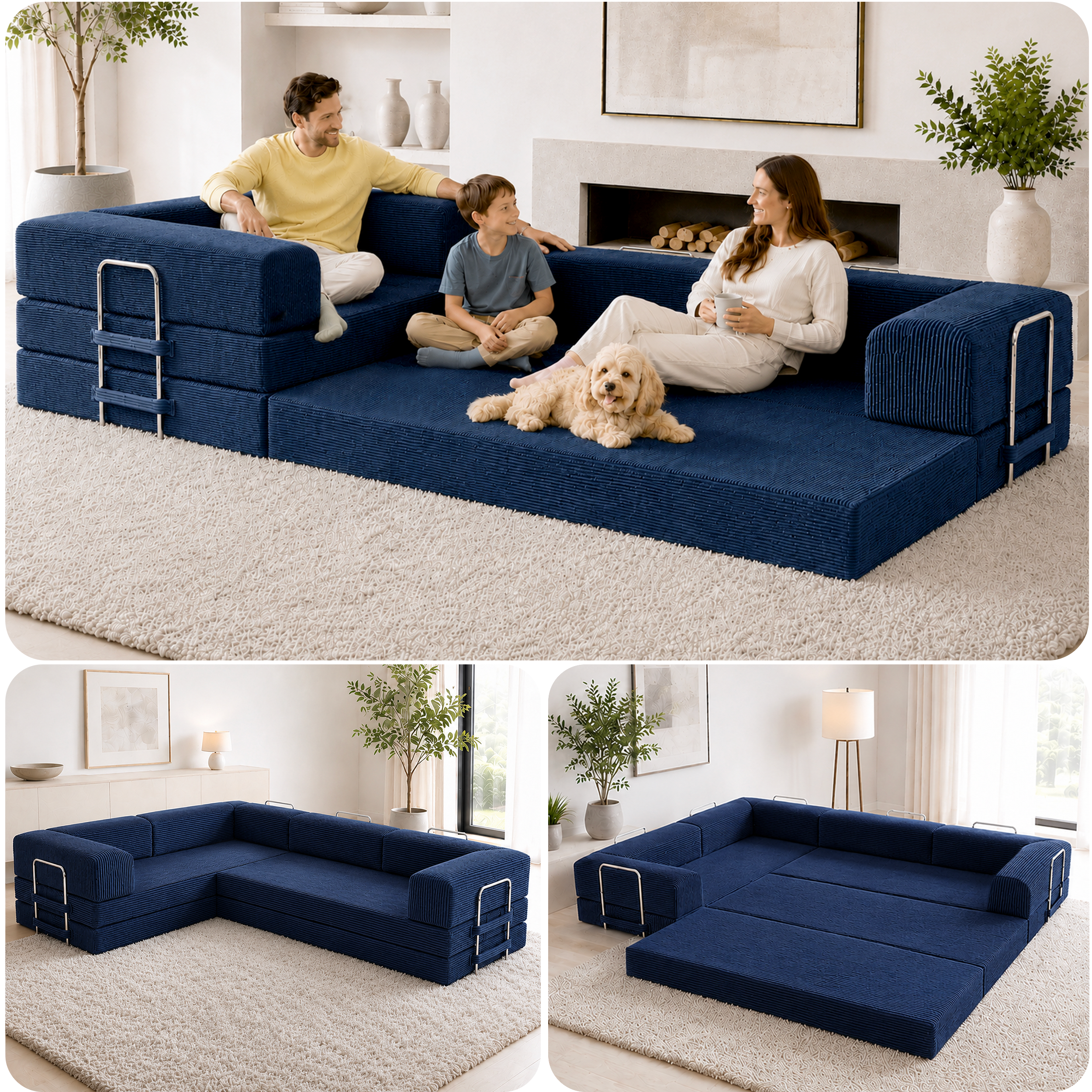 Split image of navy blue boneless couch in 3 different forms.