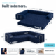 Image showing dimensions of navy blue boneless convertible couch weighing 176lbs.