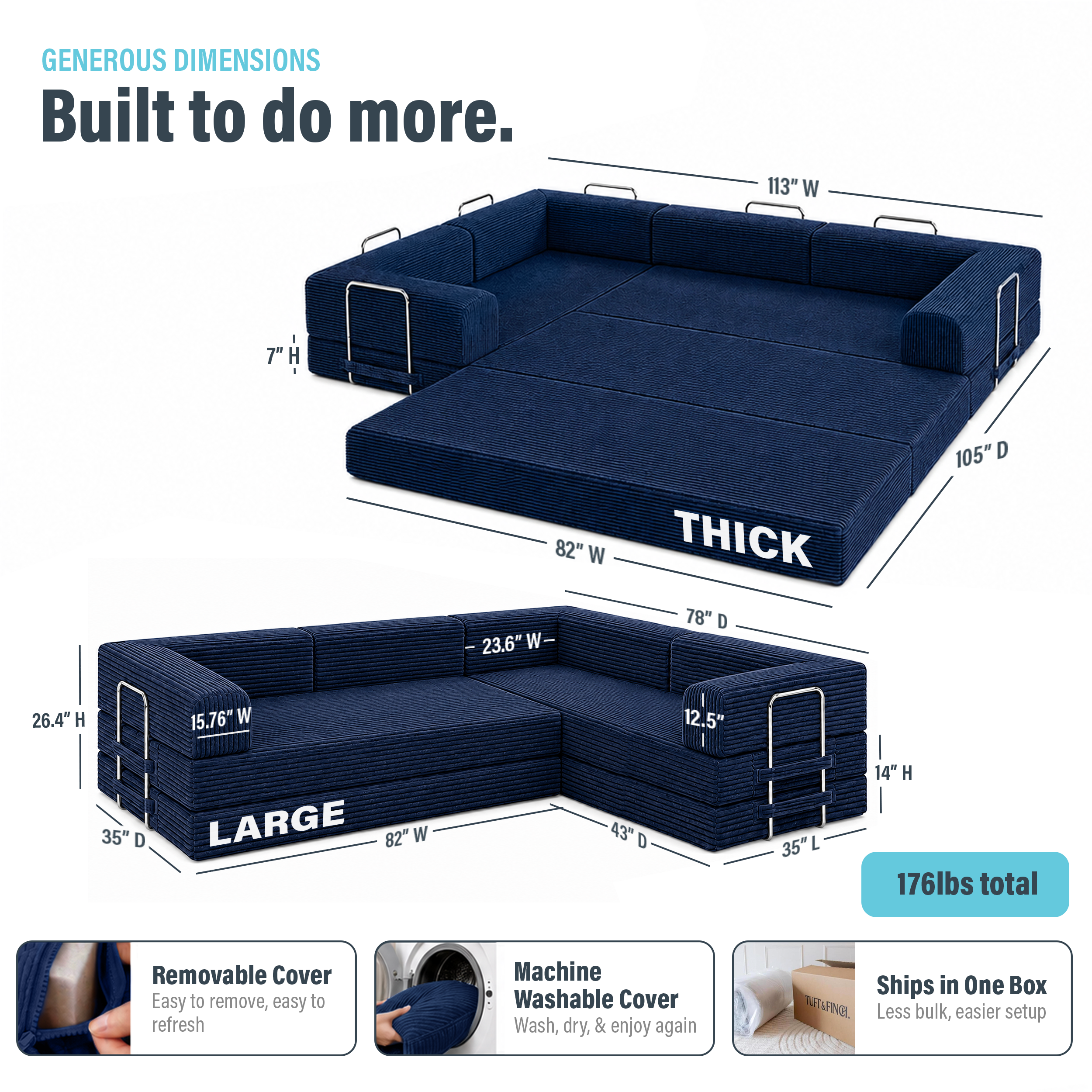 Image showing dimensions of navy blue boneless convertible couch weighing 176lbs.