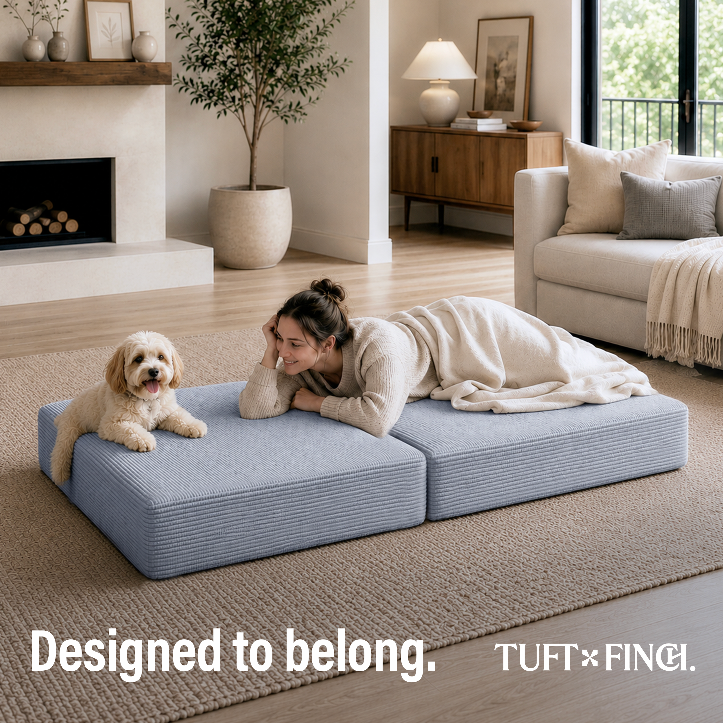 Woman laying with dog on gray boneless ottoman in bed configuration.