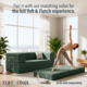 Woman doing yoga on green boneless modular ottoman in living room.