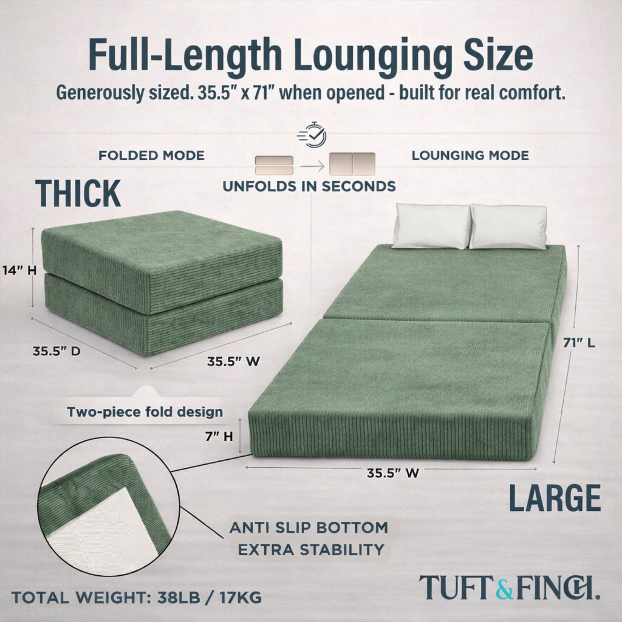 Image showing dimensions of ottoman in ottoman and in bed position.
