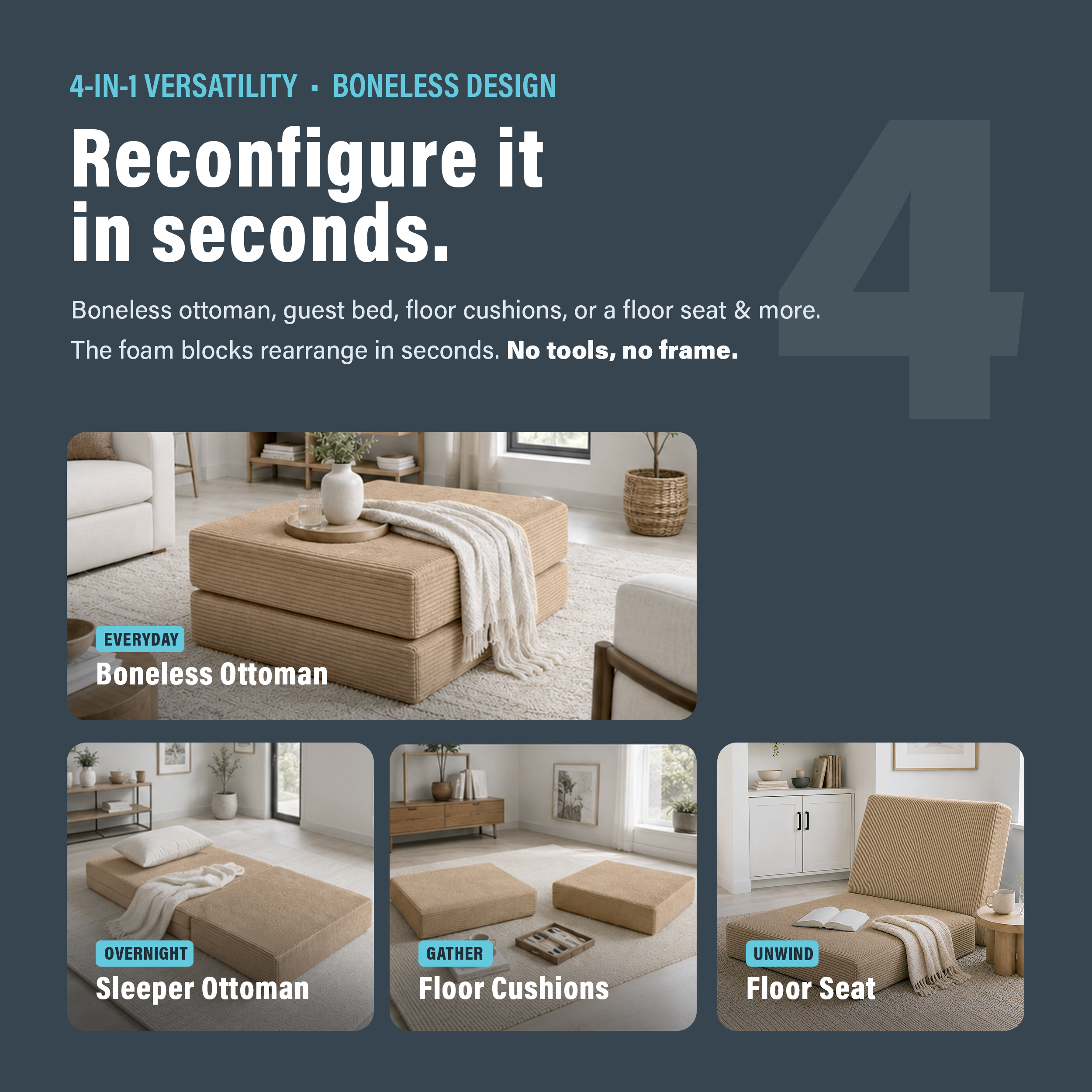 Photo showing that boneless cream ottoman can be reconfigured in seconds with different configurations.