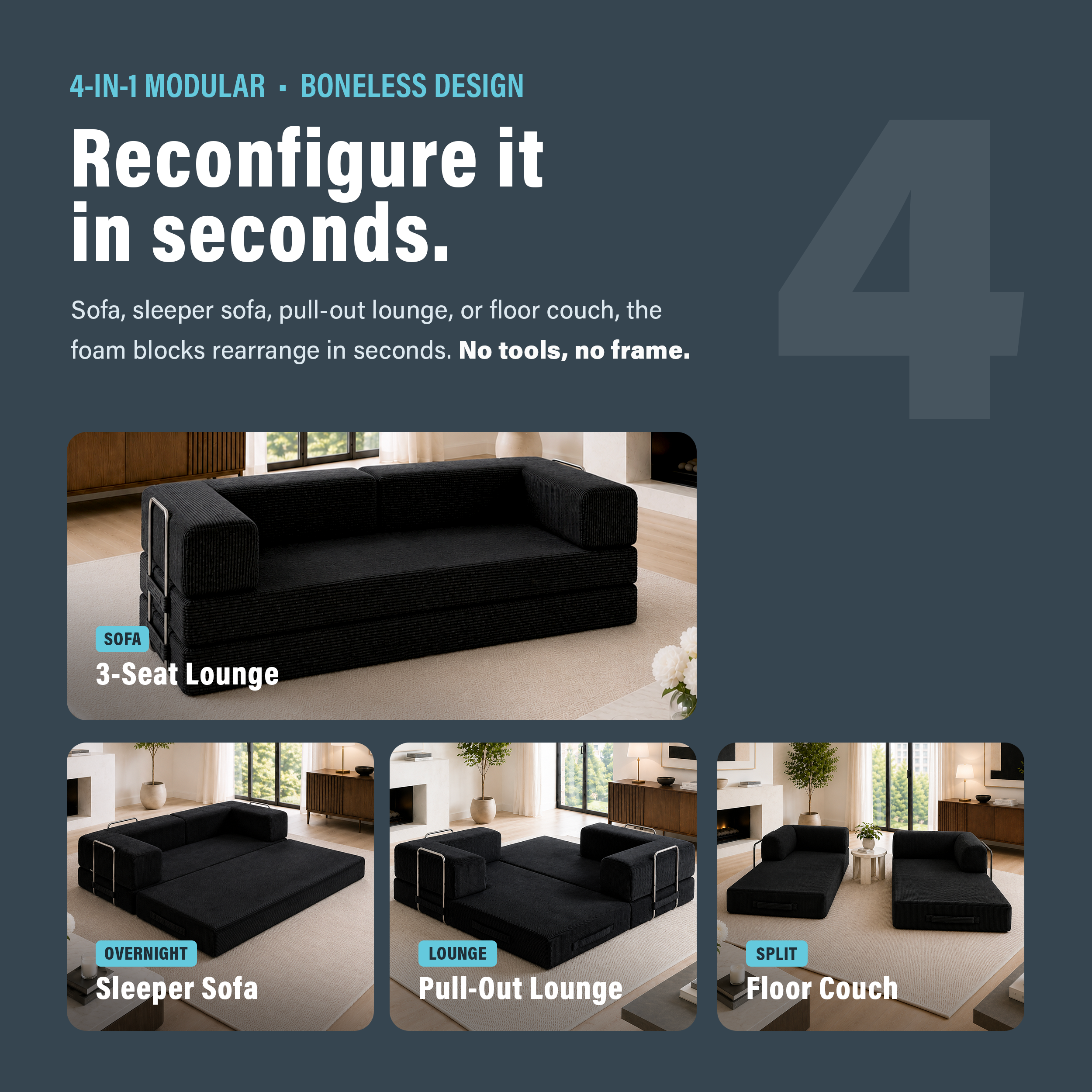 Photo showing that boneless black couch can be reconfigured in seconds with four configurations.