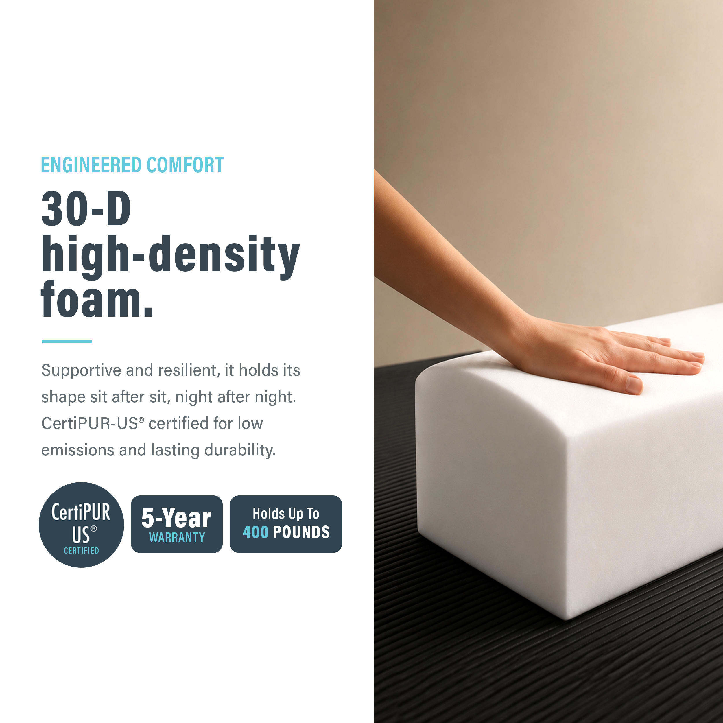 Image showing that the foam is high-density inside modular boneless black ottoman.