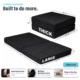 Image showing dimensions of black boneless ottoman and that cover is machine washable. Dimensions are 35.5" x 14" x 35.5" and is 38lbs total.
