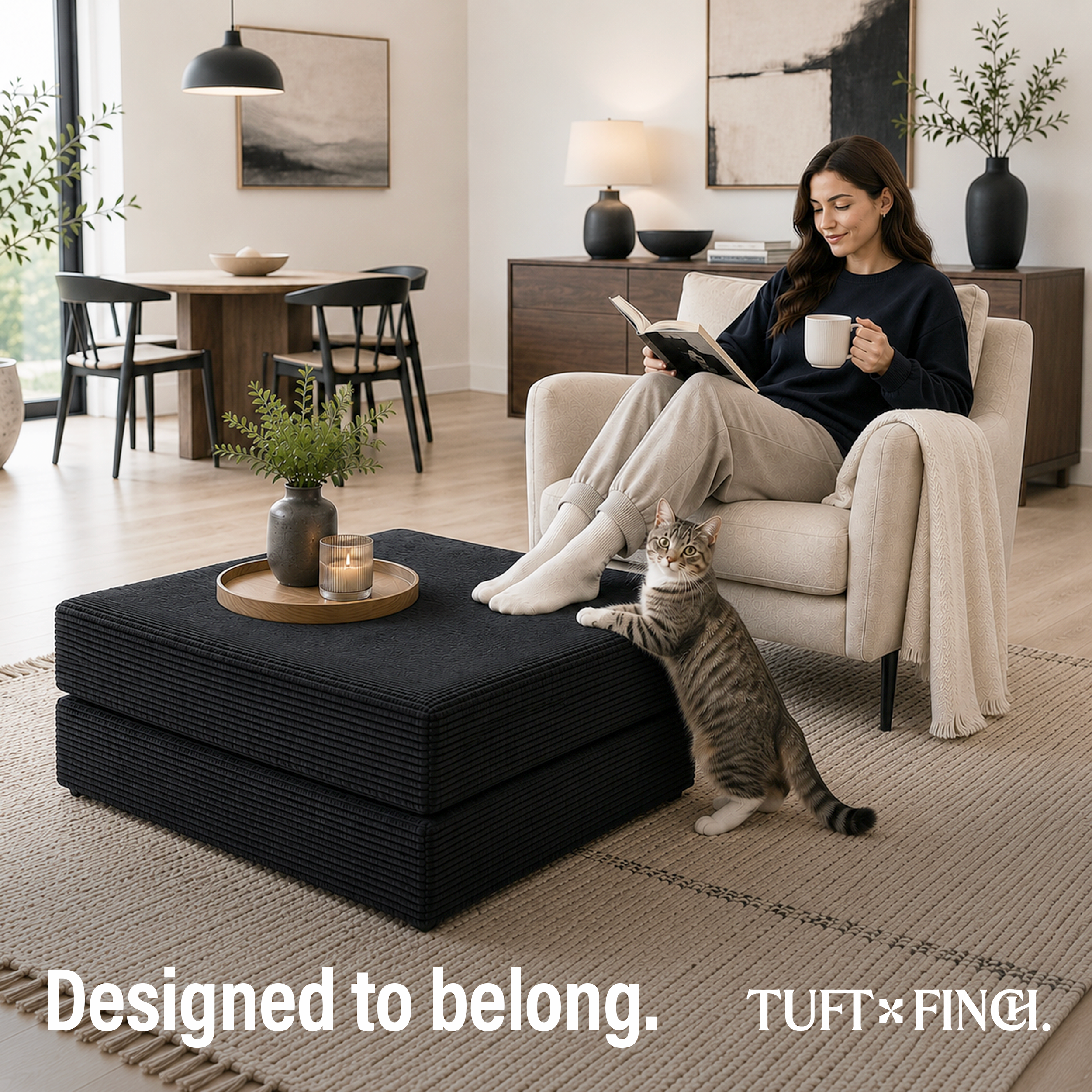 Woman in white chair with feet up resting on black foam ottoman with cat on back legs resting fronting legs on ottoman.