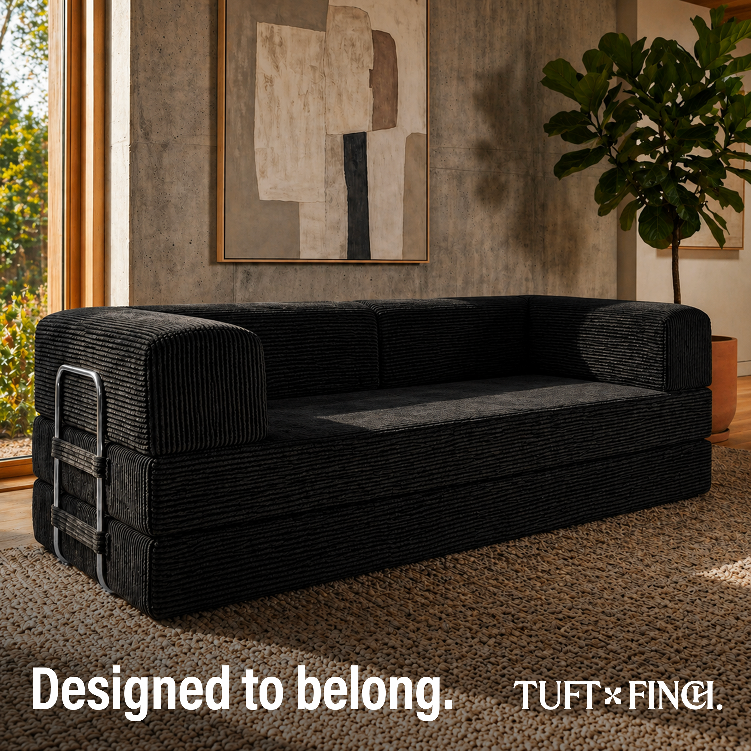 Black boneless modular couch sitting in living room.