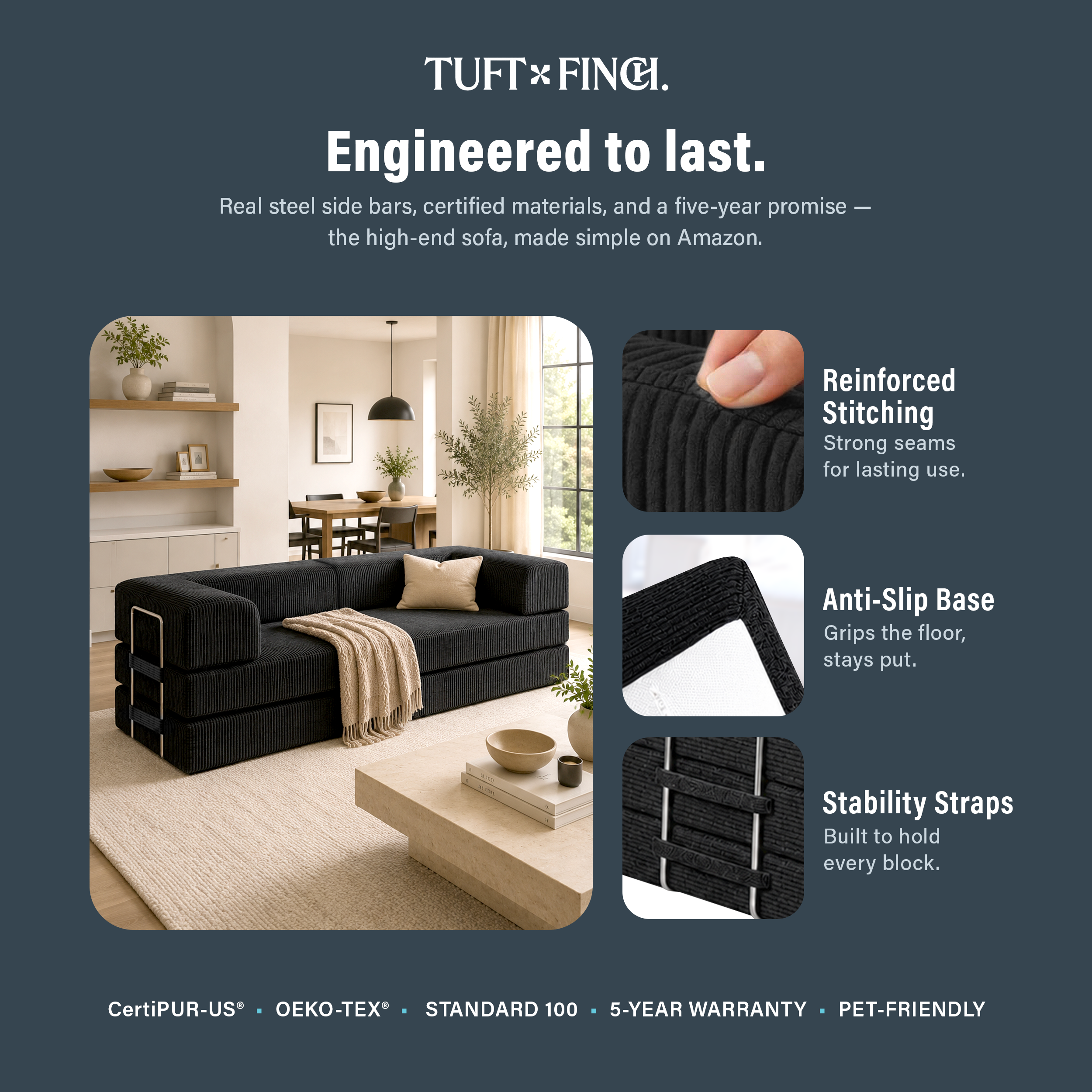 Image shows that boneless couch is engineered to last.