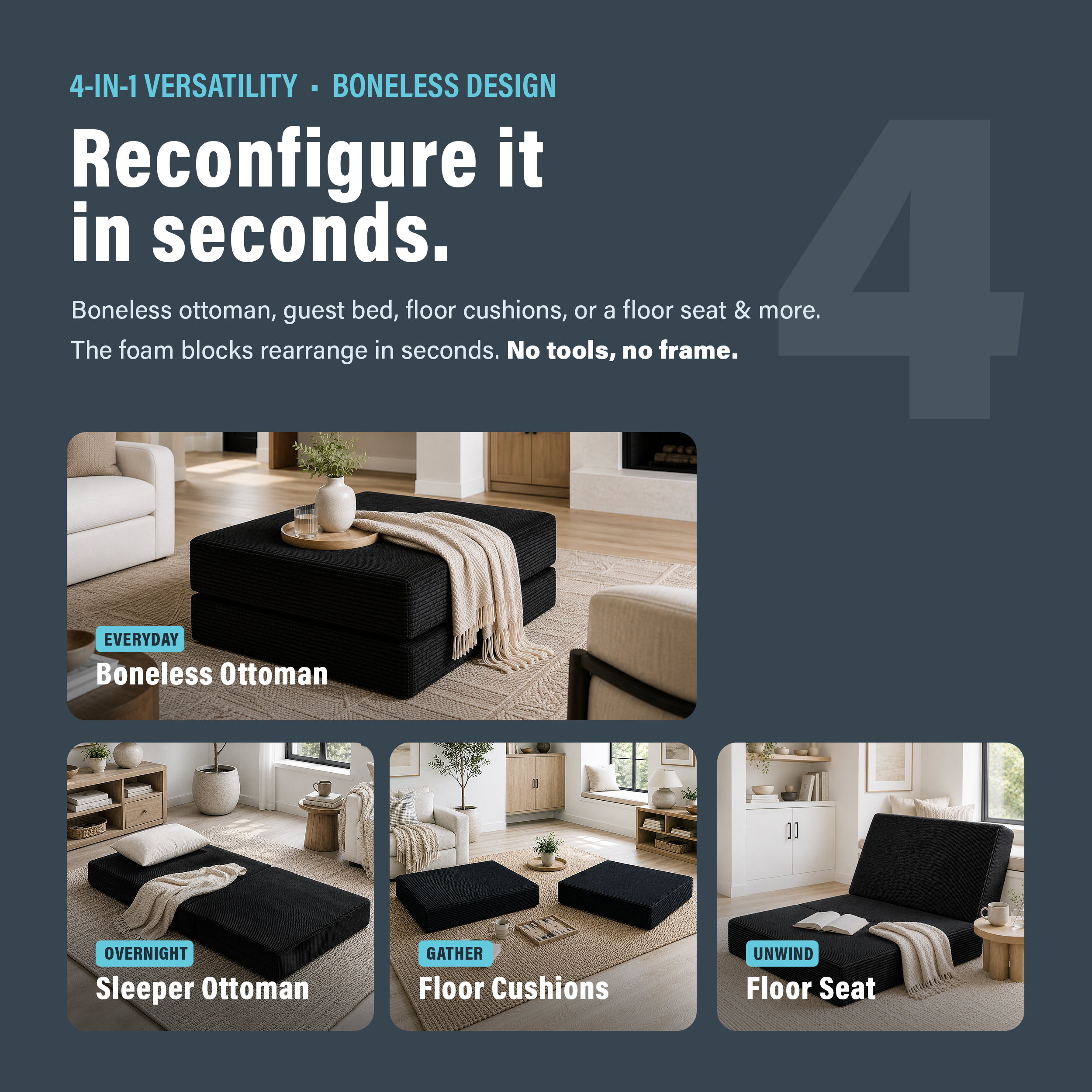 Photo showing that boneless black ottoman can be reconfigured in seconds with different configurations.